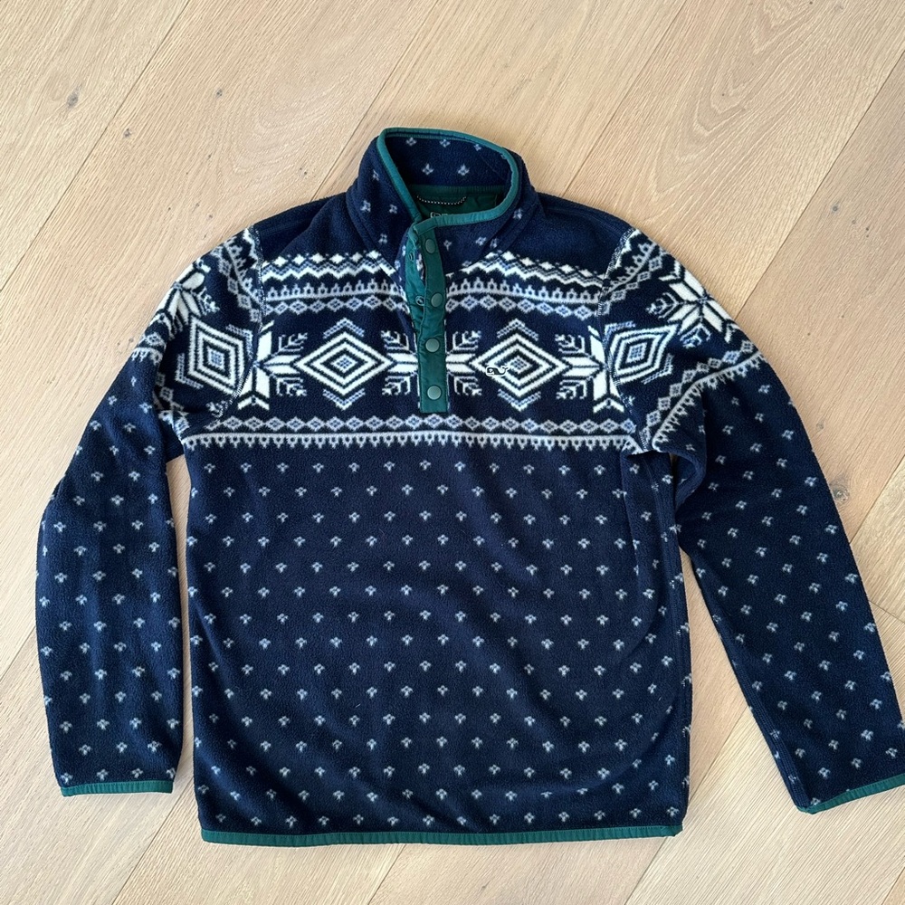 Vineyard Vines Boys Navy and White fair isle Fleece Quarter Zip- size medium